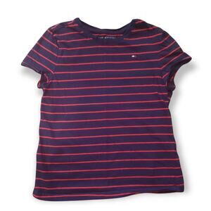 Tommy Hilfiger Navy Blue & Pink Striped Short Sleeved Shirt - Size Medium 8